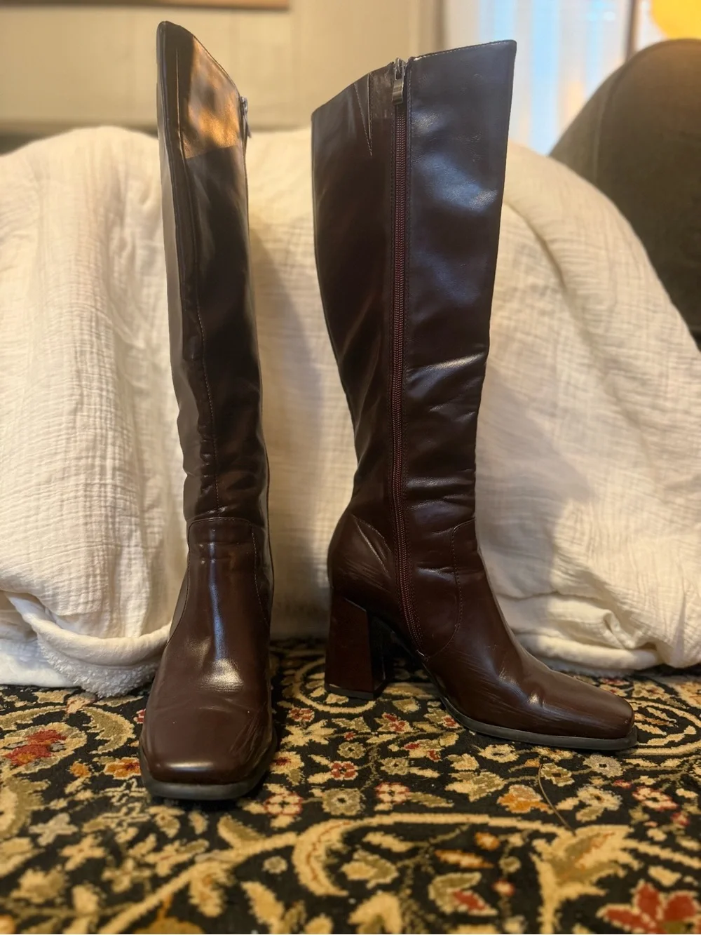 Women’s Tall Burgundy Leather Block Heel Boots